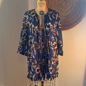 Royal Blue Floral Tassel-Trim Kimono Cover-Up